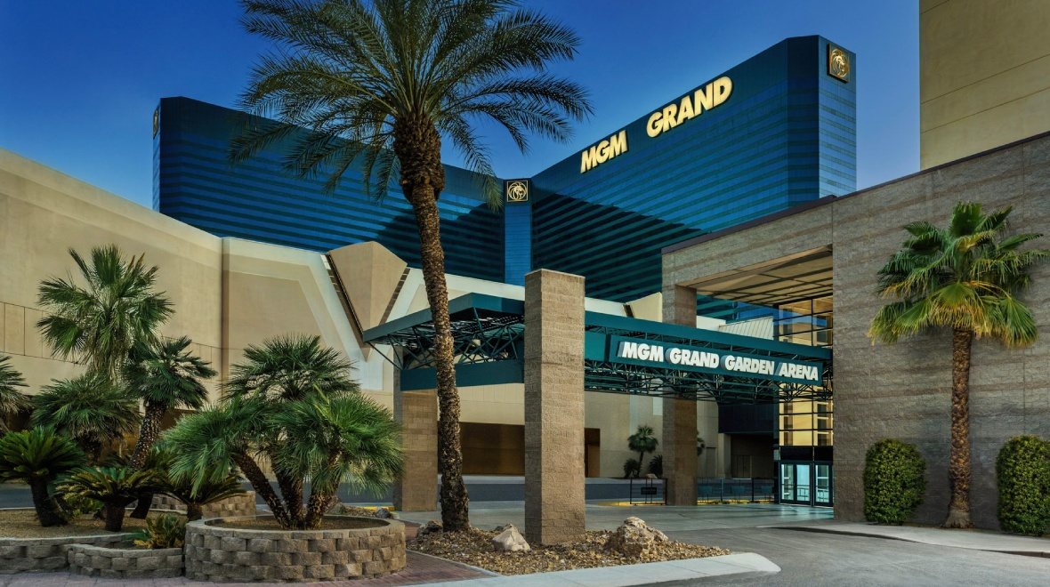 The MGM Grand Garden Arena entrance beneath the MGM Grand tower.