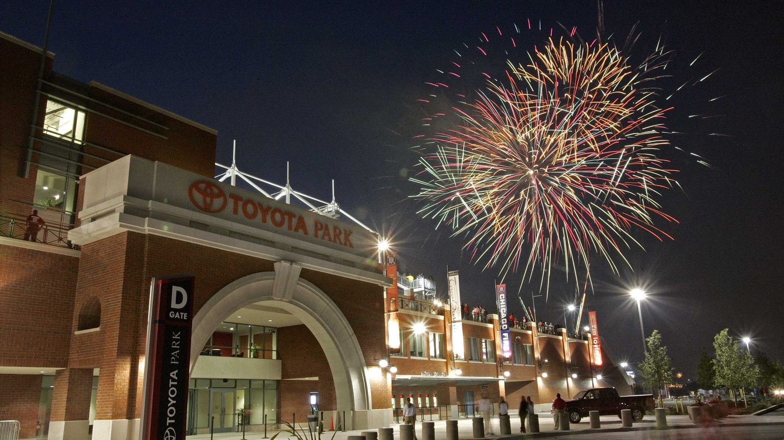 Fireworks over the Toyota Park gate on opening weekend.