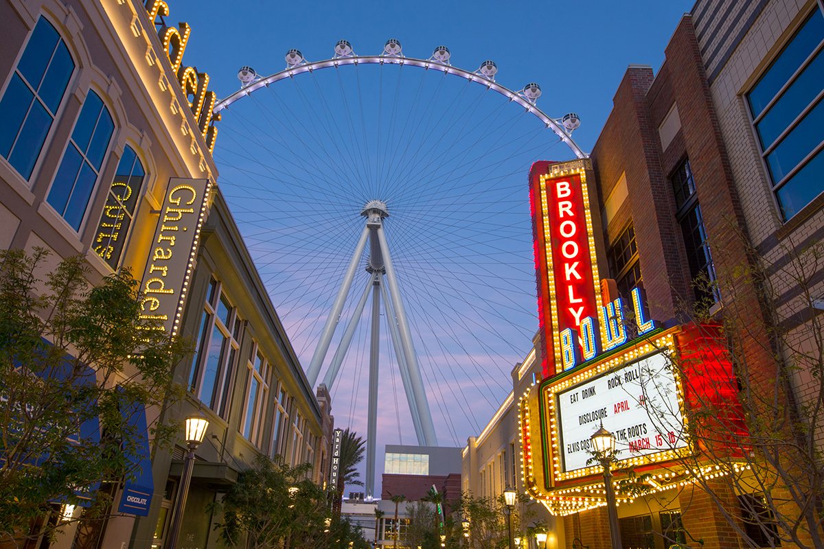 The Brooklyn Bowl Las Vegas marquee with the High Roller behind it.